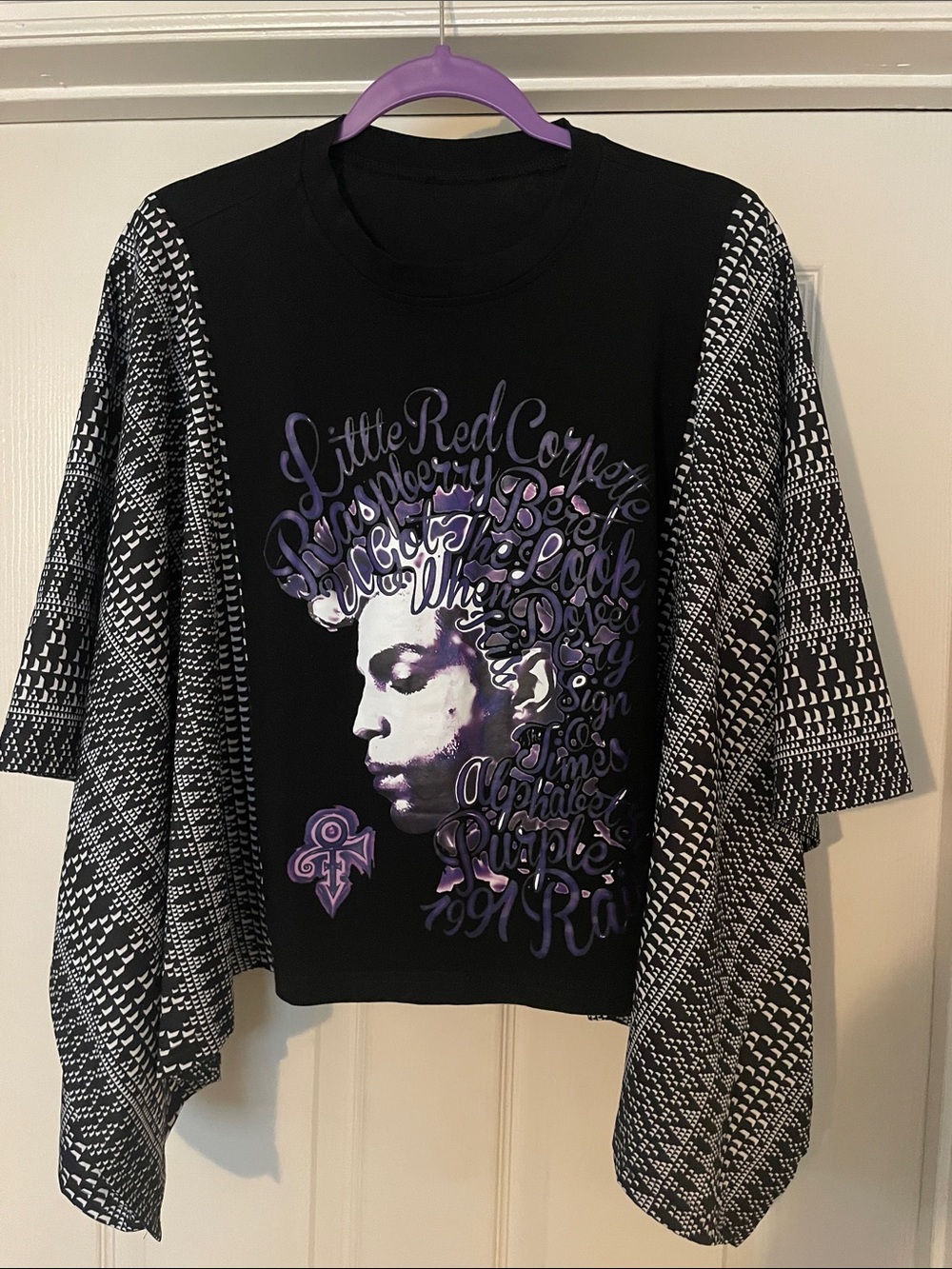 Black Graphic PRINCE Portrait Top with Purple Accents - Flowy Poncho Fit - OSFM